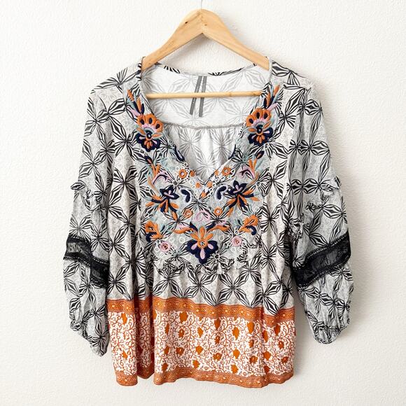 ANTHROPOLOGIE | Viscose Boho Top Blouse Blue Orange White Embroidered | Large - Picture 2 of 7